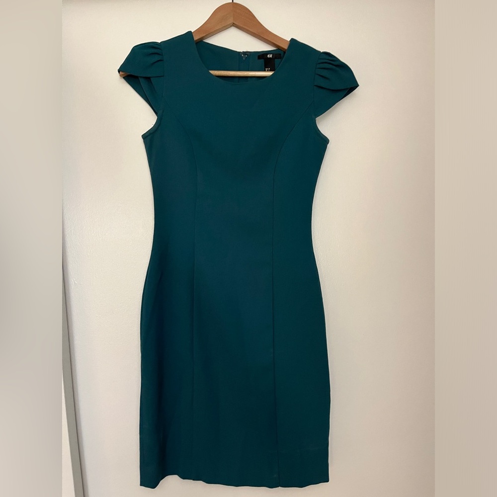 Teal Body Hugging Dress with Cap Sleeves